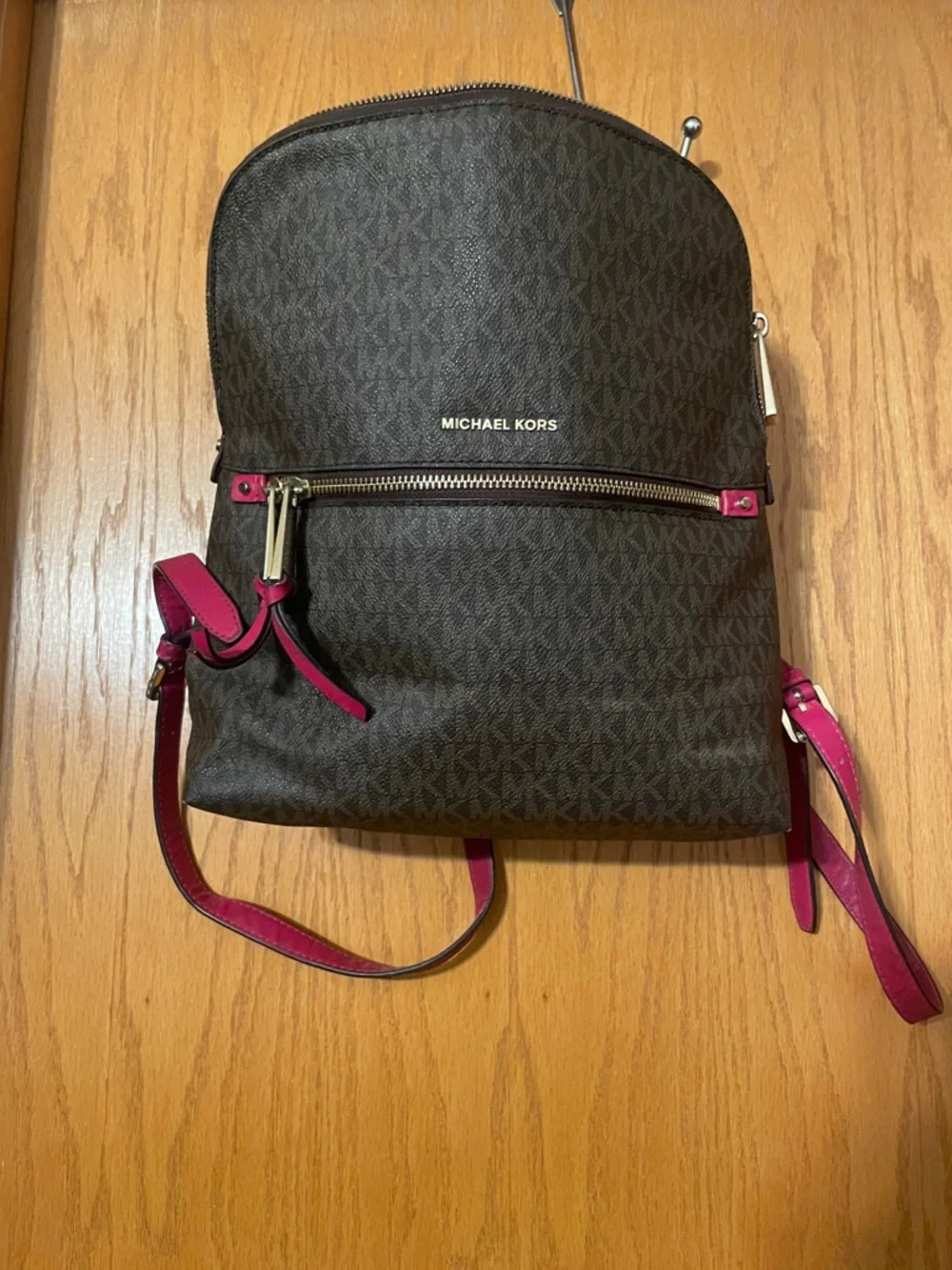 Michael Kors Brown Monogram Backpack with Pink Trim